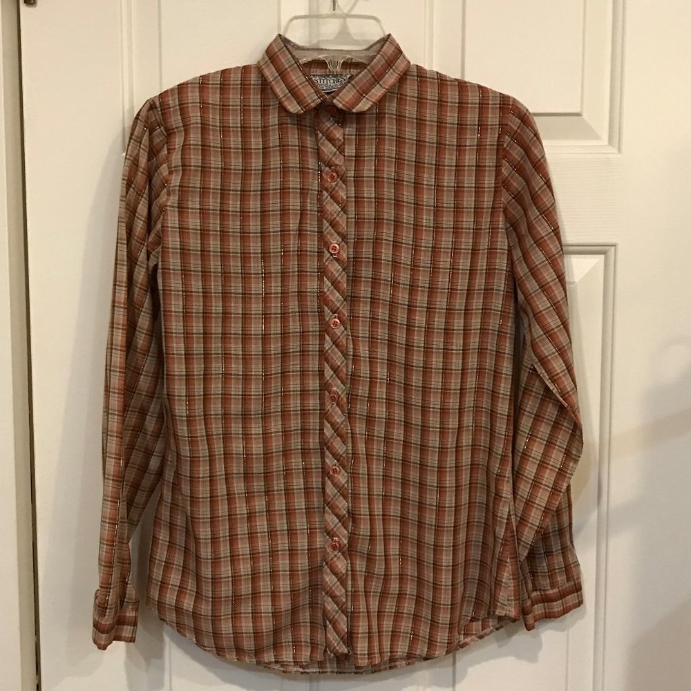 1970s rust and gold metallic plaid blouse VINTAGE